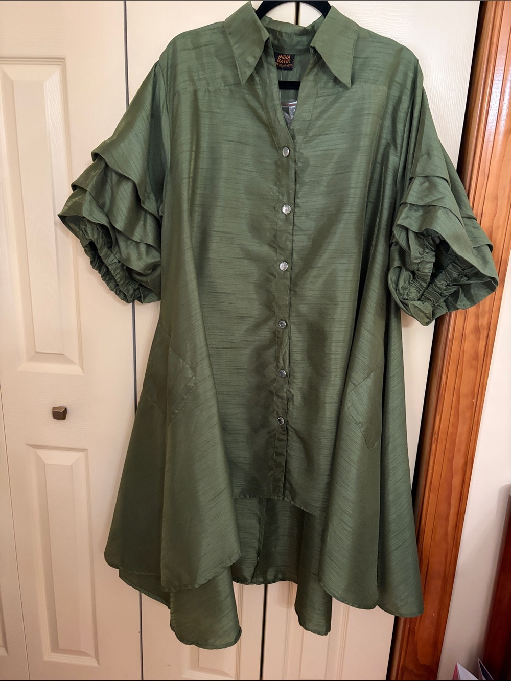 Olive Green Ruffle Sleeve Button-Down Tunic